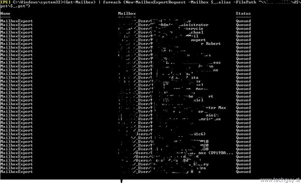 (Get-Mailbox) | foreach {New-MailboxExportRequest –Mailbox $_.alias –FilePath “\\localhost\d$\pst\$_.pst”}
