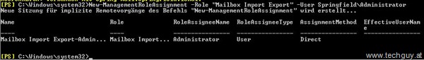 New-ManagmentRoleAssignment –Role “Mailbox Import Export” –User 